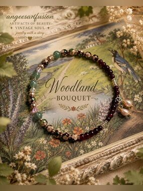 “Woodland Bouquet” Artisan Cloisonné ,Garnet,Aventurine on Memory Wire Bracelet